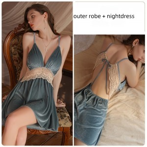 New style autumn and winter velvet and tulle backless, sexy deep V-shaped nightgown with built-in bra pads and a matching outer robe, perfect for home wear4054 price:$179.99