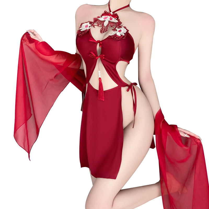 Retro - style sexy lingerie set for women: halter - neck with tie - up details, delicate embroidery, pure - yet - alluring style, hollow - out and backless design, in a uniform - inspired look 4291price:$169.99