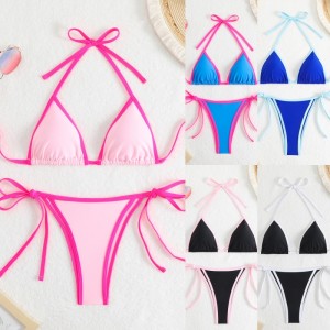 2025 New Solid - color Women's Sexy Two - piece Triangle Color - block Bikini. European and American Style with Ties, suitable for beach and hot spring qt25003 price:$79.99