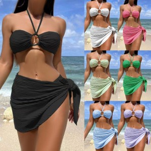 Sexy Bikini Swimsuit Three-piece Set with a Sheer Skirt, Halter-neck Style, Solid Color Swimsuit for Women, Available in Stock and Multiple Colors  SY816 price:$79.99